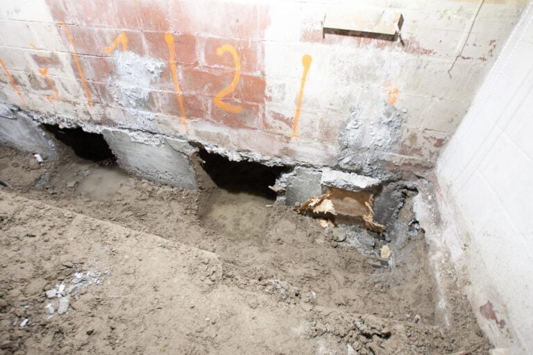 underpinning preparations with writing on the wall and holes dug under the foundation